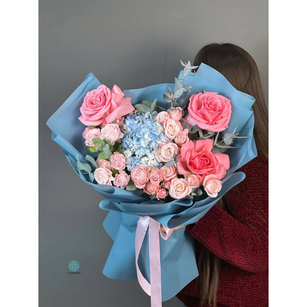 Mixed Flowers in a Blue Bouquet