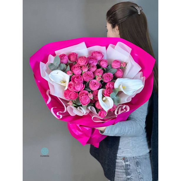 Pink Spray Roses with White Lilies