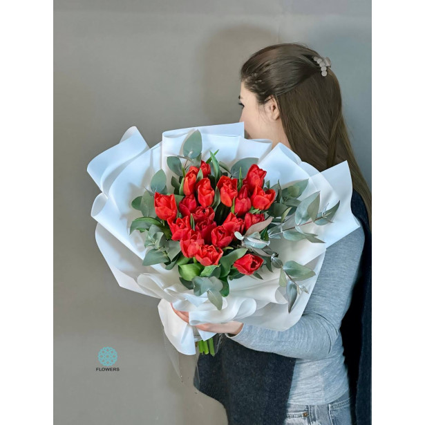 Red Tulips with Eucalyptus