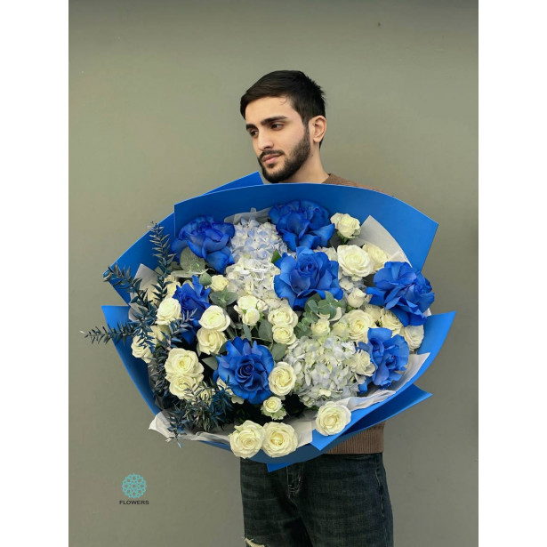 Blue Color Bouquet With Mixed Flowers