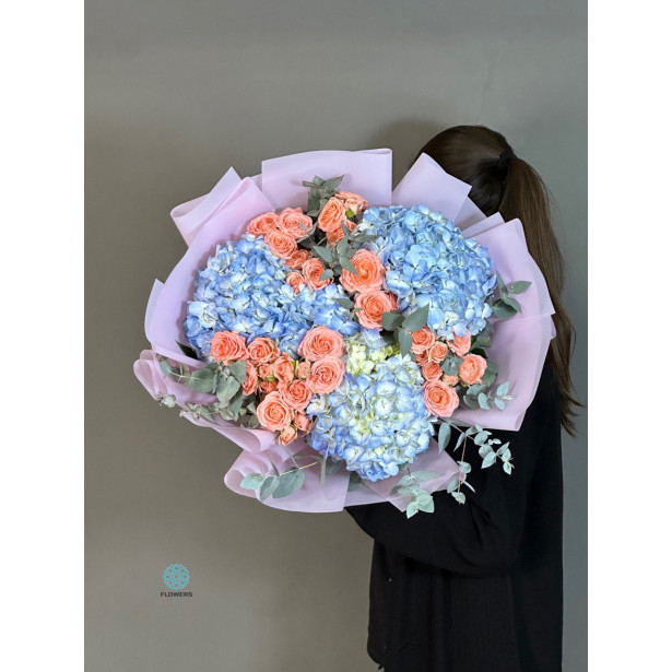 Blue Hydrangeas and Orange Roses